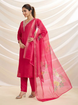NIKATT - Womens Cotton Embroidered Pink Kurta with Pant and Dupatta