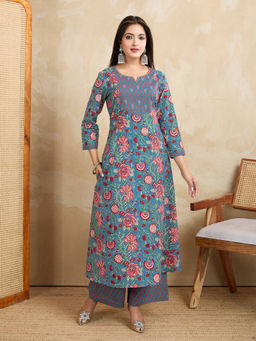 NIKATT - Womens Cotton Printed Blue Kurta with Palazzo