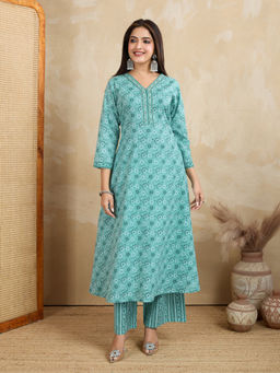 NIKATT - Womens Cotton Floral Blue Kurta with Palazzo