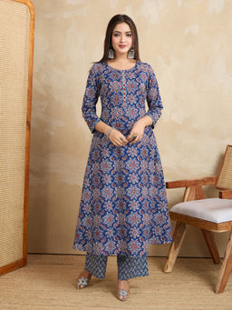 NIKATT - Womens Cotton Printed Blue Kurta with Palazzo