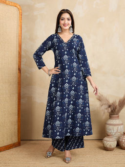 NIKATT - Womens Cotton Printed Navy Blue Kurta with Palazzo