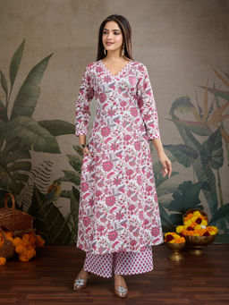 NIKATT - Womens Cotton Floral White Kurta with Palazzo