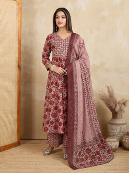 NIKATT - Womens Cotton Floral Pink Anarkali Kurta with Palazzo and Dupatta