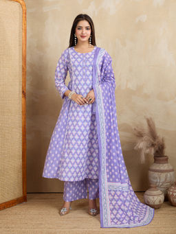 NIKATT - Womens Cotton Floral Lavender Kurta with Palazzo and Dupatta