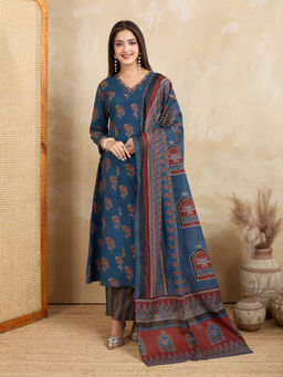 NIKATT - Womens Cotton Printed Teal Kurta with Palazzo and Dupatta