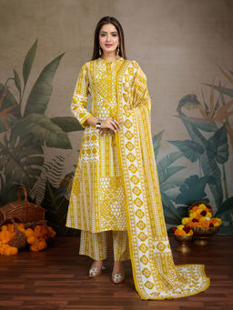NIKATT - Womens Cotton Printed Mustard Kurta with Palazzo and Dupatta