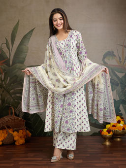 NIKATT - Womens Cotton Floral White Kurta with Palazzo and Dupatta