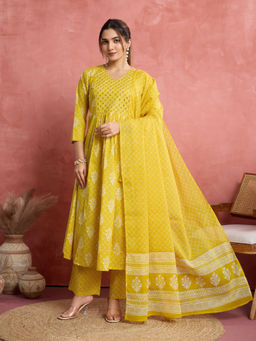 NIKATT - Womens Cotton Printed Yellow Anarkali Kurta with Pant and Dupatta