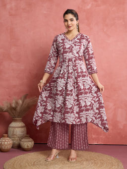 NIKATT - Womens Cotton Floral Mauve Anarkali Kurta with Pant and