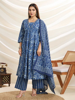 NIKATT - Womens Cotton Printed Blue Anarkali Kurta with Pant and Dupatta