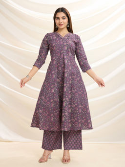 NIKATT - Womens Cotton Floral Purple Kurta with Palazzo
