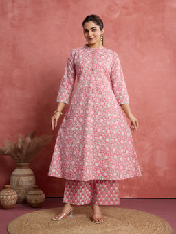 NIKATT - Womens Cotton Floral Pink Kurta with Palazzo
