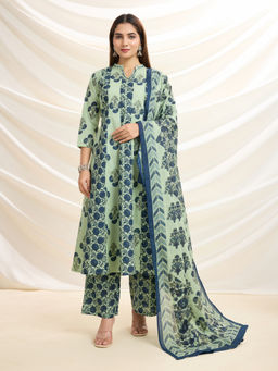 NIKATT - Womens Cotton Floral Green Kurta with Palazzo and Dupatta