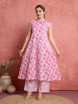 NIKATT - Womens Cotton Floral Pink Kurta with Palazzo