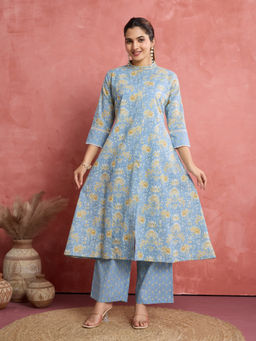 NIKATT - Womens Cotton Floral Blue Kurta with Palazzo