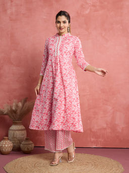 NIKATT - Womens Cotton Floral Pink Kurta with Palazzo