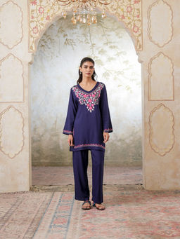 QAZMI - Womens Viscose Rayon Embroidered Blue Kurti with Pant