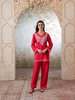 QAZMI - Womens Viscose Rayon Embroidered Red Kurti with Pant