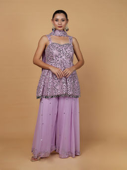 MILU MADAN - Womens Organza Mirror Work Lavender Top with Sharara and Dupatta