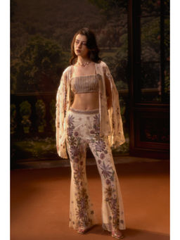 Muskan Aggarwal - Womens Net Embroidered Cream Crop Top with Cape and Pant