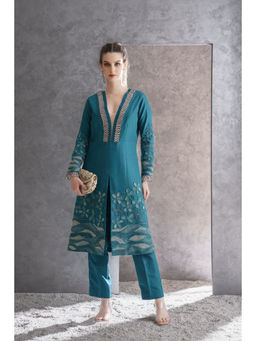 THE SILK LOVE - Womens Silk Embroidered Teal Kurta with Pant