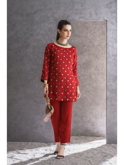 THE SILK LOVE - Womens Silk Embroidered Red Kurti with Pant