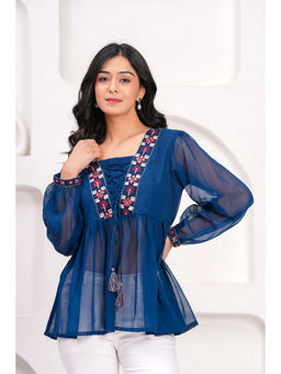 Kipek - Navy Blue Solid Tops And Tunic Cotton Fabric Full sleeves Square Neck And Hips Length