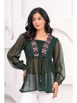 Kipek - Green Solid Tops And Tunic Cotton Fabric Full sleeves Square Neck And Hips Length