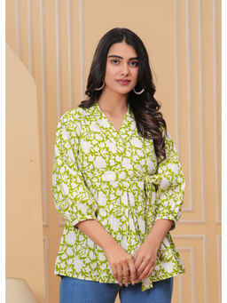 Kipek - Parrot Green Floral Print Tops And Tunic Cotton Fabric Three Fourth Sleeves Shirt Collar