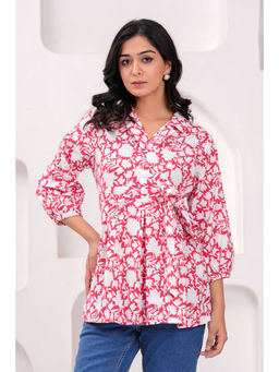 Kipek - Pink Floral Print Tops And Tunic Cotton Fabric Three Fourth Sleeves Shirt Collar