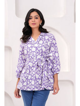 Kipek - Purple Floral Print Tops And Tunic Cotton Fabric Three Fourth Sleeves Shirt Collar