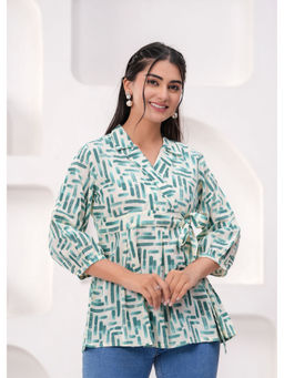 Kipek - Pink Floral Print Tops And Tunic Cotton Fabric Three Fourth Sleeves Shirt Collar