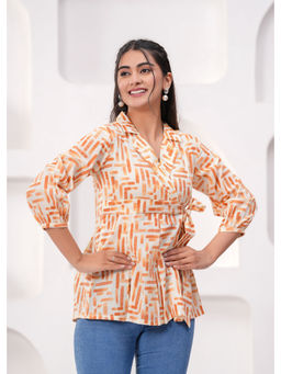 Kipek - Pink Floral Print Tops And Tunic Cotton Fabric Three Fourth Sleeves Shirt Collar