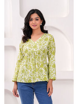 Kipek - Parrot Green Floral Print Tops And Tunic Cotton Fabric Three Fourth Sleeves V-Neck