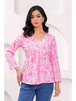 Kipek - Pink Floral Print Tops And Tunic Cotton Fabric Three Fourth Sleeves V-Neck
