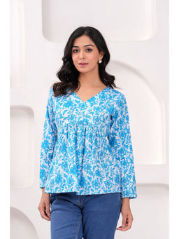 Kipek - Turquoise Floral Print Tops And Tunic Cotton Fabric Three Fourth Sleeves V-Neck