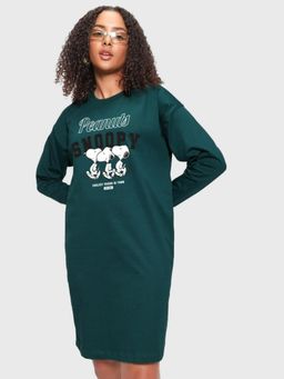 Bewakoof - Official Peanuts Women's Teal Green Snoopy Illusion Graphic Printed Oversized Dress