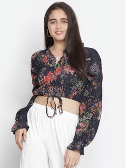 Oxolloxo - Crackle Navy Blue Floral Print Women Tie Top