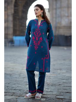 HOUSE OF KARI - Teal Chikankari Embroidered Kurta with Straight Pant