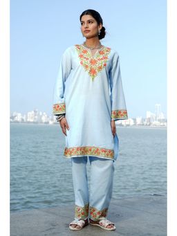 HOUSE OF KARI - Blue Cotton Kashmiri Aari Embroidered Co-ord Set