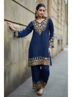 HOUSE OF KARI - Navy Blue Cotton Kashmiri Aari Embroidered Kurta with Salwar