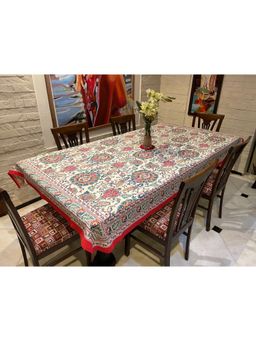 Stole & Yarn - Floral Red Jaipuri 6 Seater Cotton Table Cover - 121