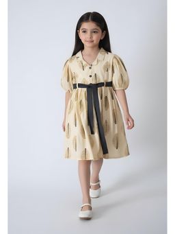 Bella Moda - Beige Printed Knee Length Dress with Belt