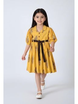Bella Moda - Mustard Floral Knee Length Dress with Belt