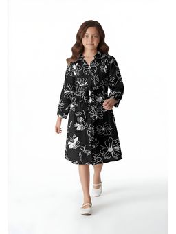 Bella Moda - Black Floral Knee Length Dress with Belt
