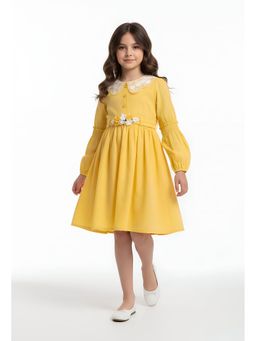 Bella Moda - Yellow Embroidered Knee Length Dress with Belt