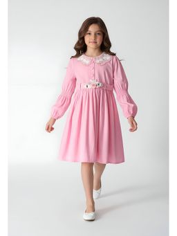 Bella Moda - Pink Embroidered Knee Length Dress with Belt