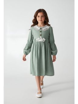 Bella Moda - Green Embroidered Knee Length Dress with Belt