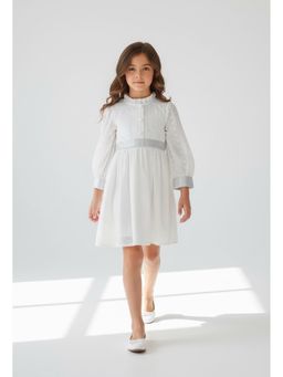 Bella Moda - White Embroidered Knee Length Dress with Belt