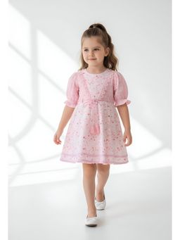 Bella Moda - Pink Printed Knee Length Dress with Belt